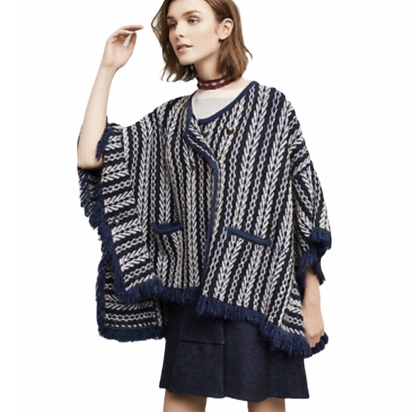 🆕 Anthropologie Sleeping On Snow Blue Poncho Coat - Picture 3 of 8